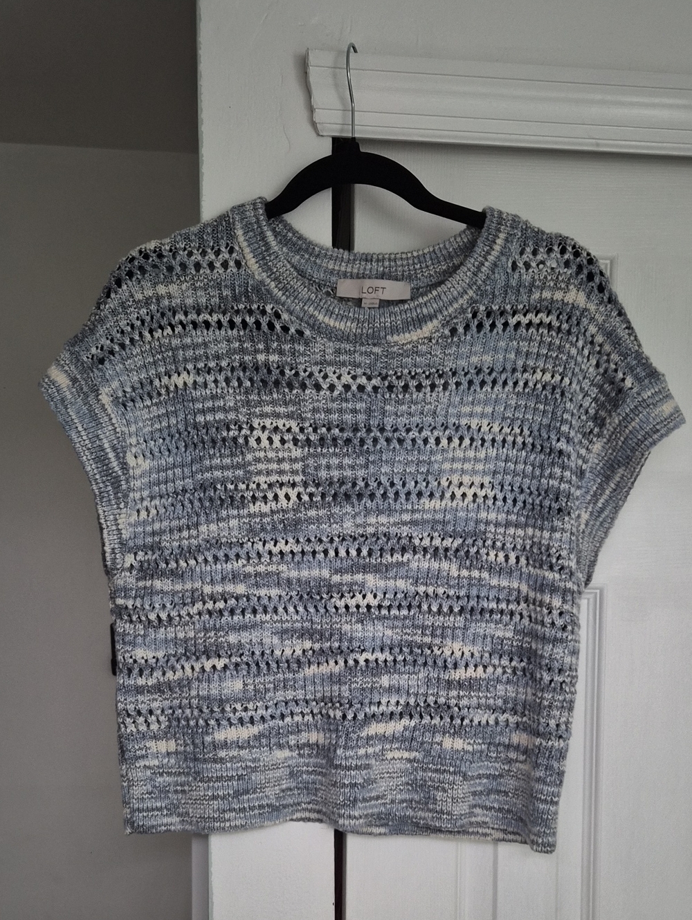 LOFT Blue & Cream Marled Open-Knit Short Sleeve Sweater Top